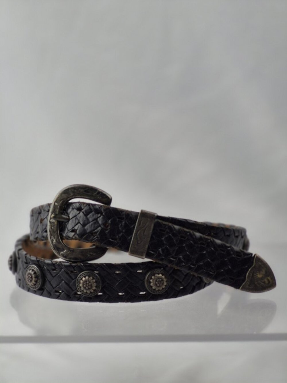 Vintage Black Leather Western Concho Basketweave Belt Boho Cowgirl Size Large